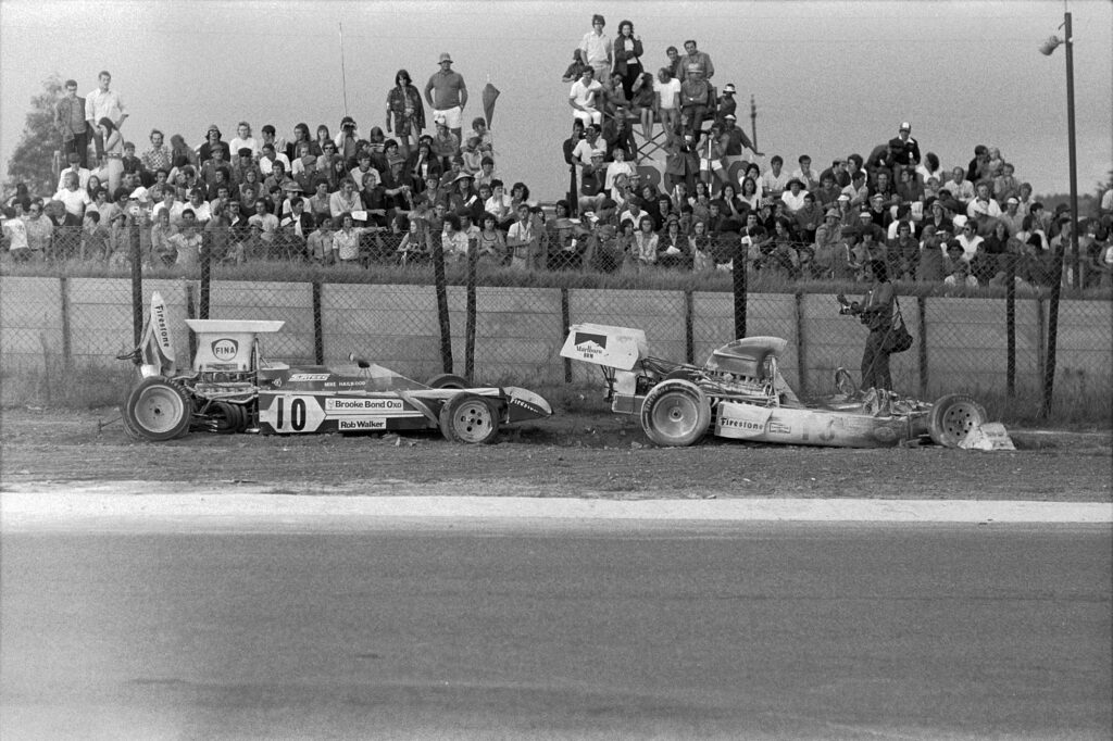 Mike Hailwood's and Clay Regazzoni's F1 cars after their crash and accident at the 1973 South African Grand Prix