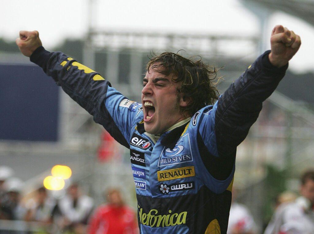 Fernando Alonso celebrating his first world championship at the 2005 Brazilian Grand Prix