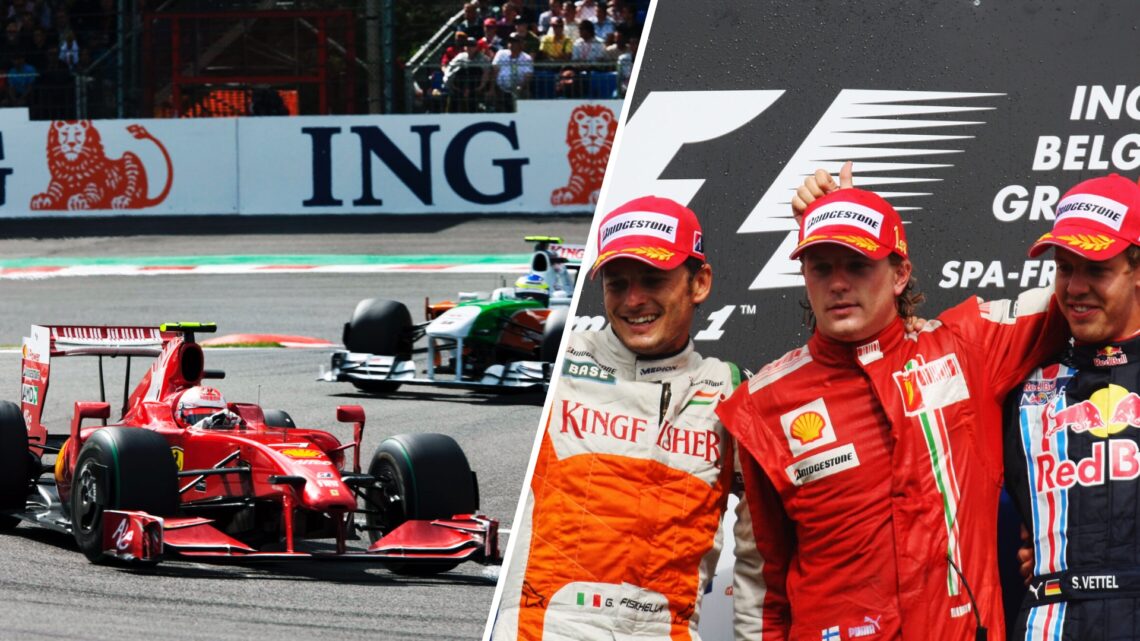 Kimi Raikkonen wins the 2009 Belgian Grand Prix from Giancarlo Fisichella.