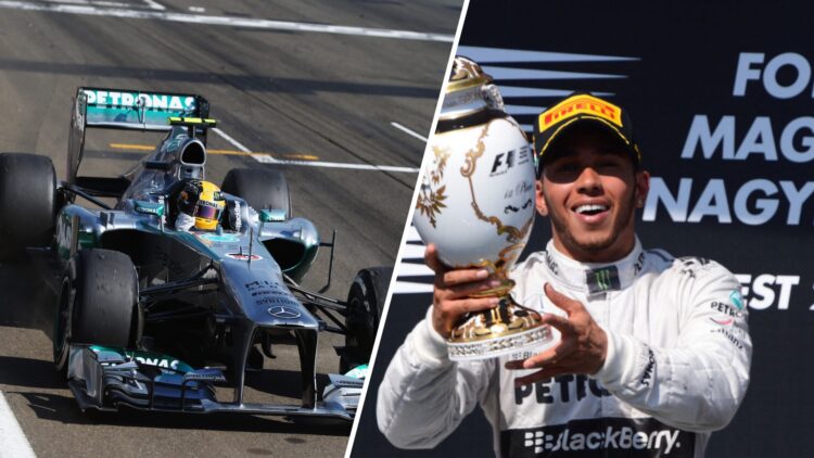 Lewis Hamilton wins at the Hungarian GP 2013, his first at Mercedes.