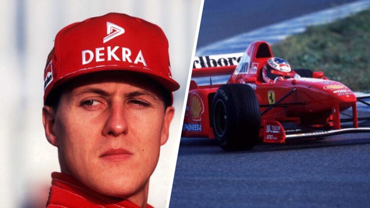 Split image of Michael Schumacher (L) and Michael Schumacher driving his Ferrari (R) during Jerez testing in 1997