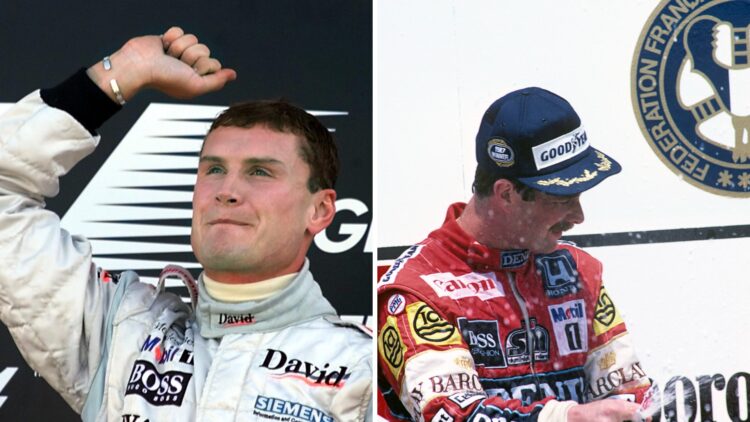 David Coulthard (left) celebrating winning the 2000 British Grand Prix, Nigel Mansell (right) during the 1987 Formula 1 season