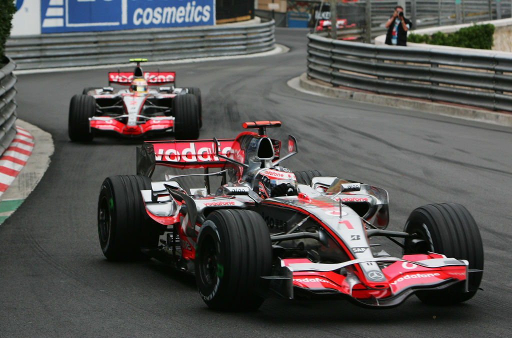 Fernando Alonso leads Lewis Hamilton at the 2007 Monaco Grand Prix.