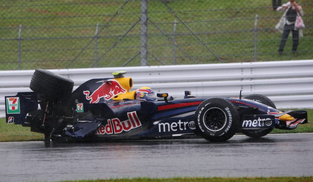 Mark Webber's stricken Red Bull after being crashed into by Sebastian Vettel at 2007 Japanese GP.