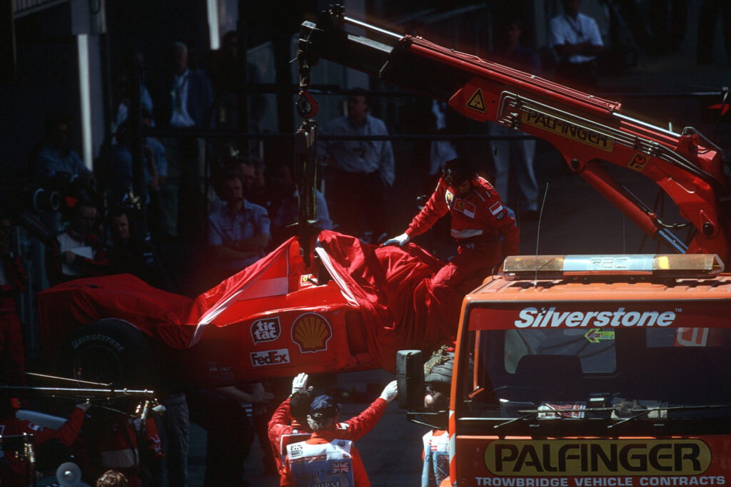 Michael Schumacher crashes at the 1999 British GP.