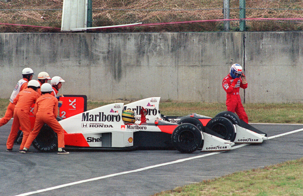 Ayrton Senna collides with Alain Prost at 1989 Japanese GP.
